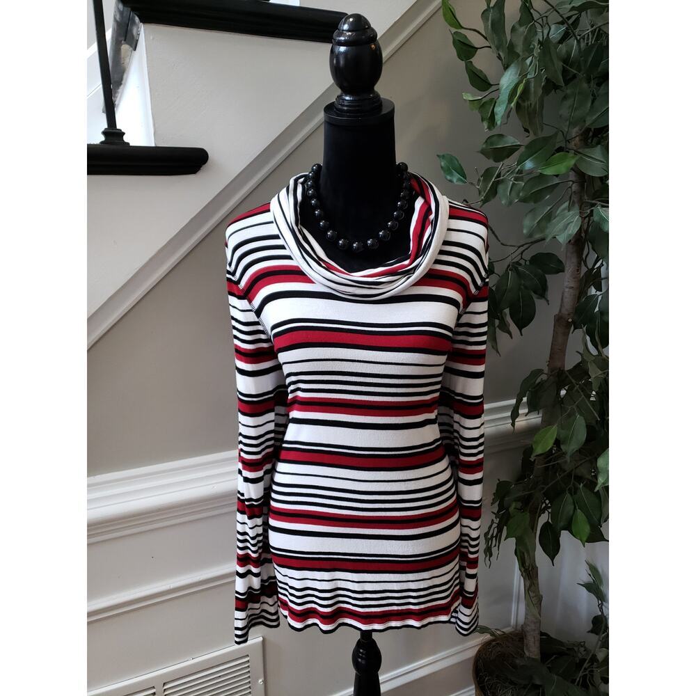 Women's Zenergy by Chico's Red & Black Striped Cowl Neck Long Sleeve Top Size L